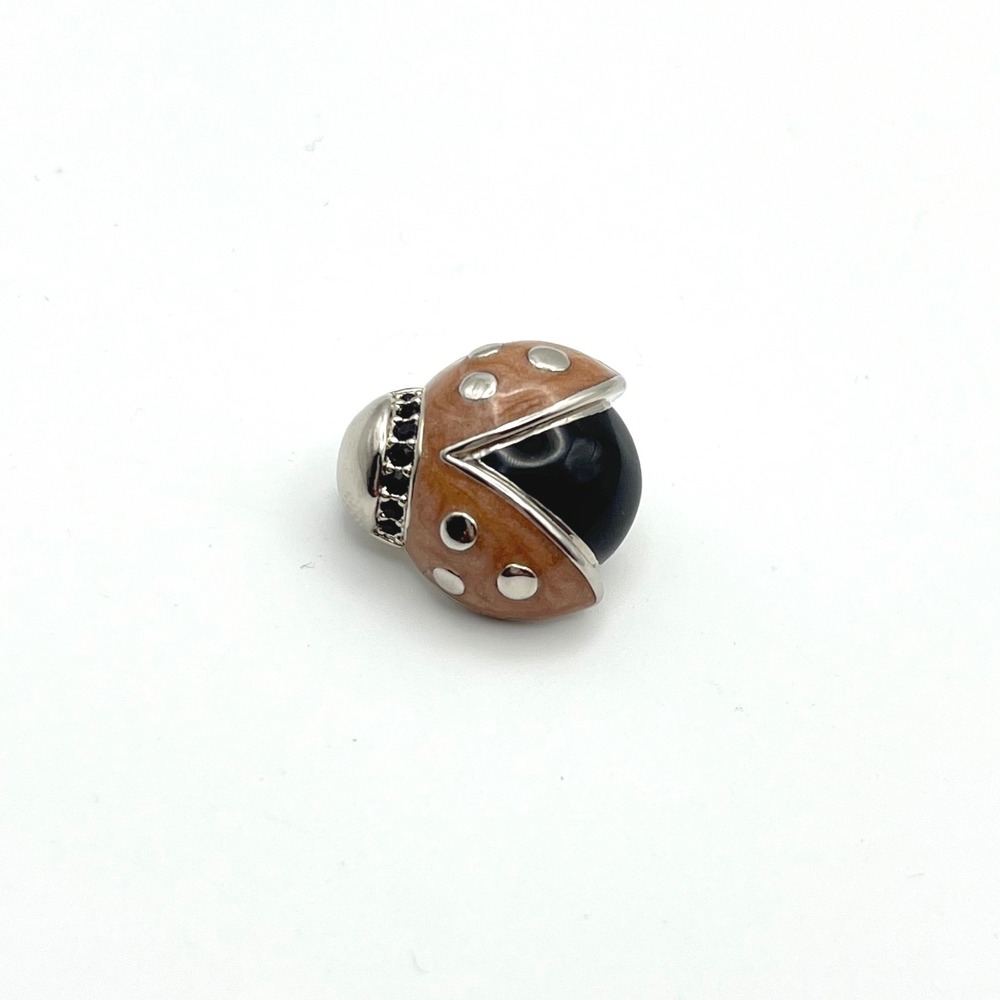 Peach Enamel Ladybug Brooch Pin‎ Silver Tone Black Cabochon Crystal Accents